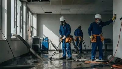 Commercial water damage restoration crew in Bakersfield, CA removing water and drying a business property