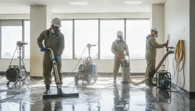 Commercial water damage restoration crew in Bakersfield, CA removing flood water from a business property