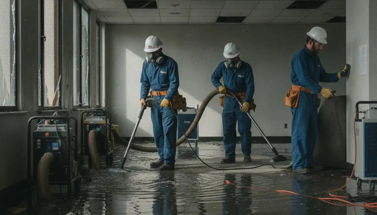 Commercial water damage restoration team in Bakersfield, CA inspecting flooded property and moisture damage