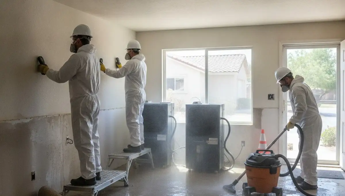 Water damage restoration team in Bakersfield, CA inspecting flooded property and moisture damage
