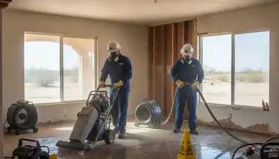Water damage restoration team in Bakersfield, CA inspecting a flooded property for repairs