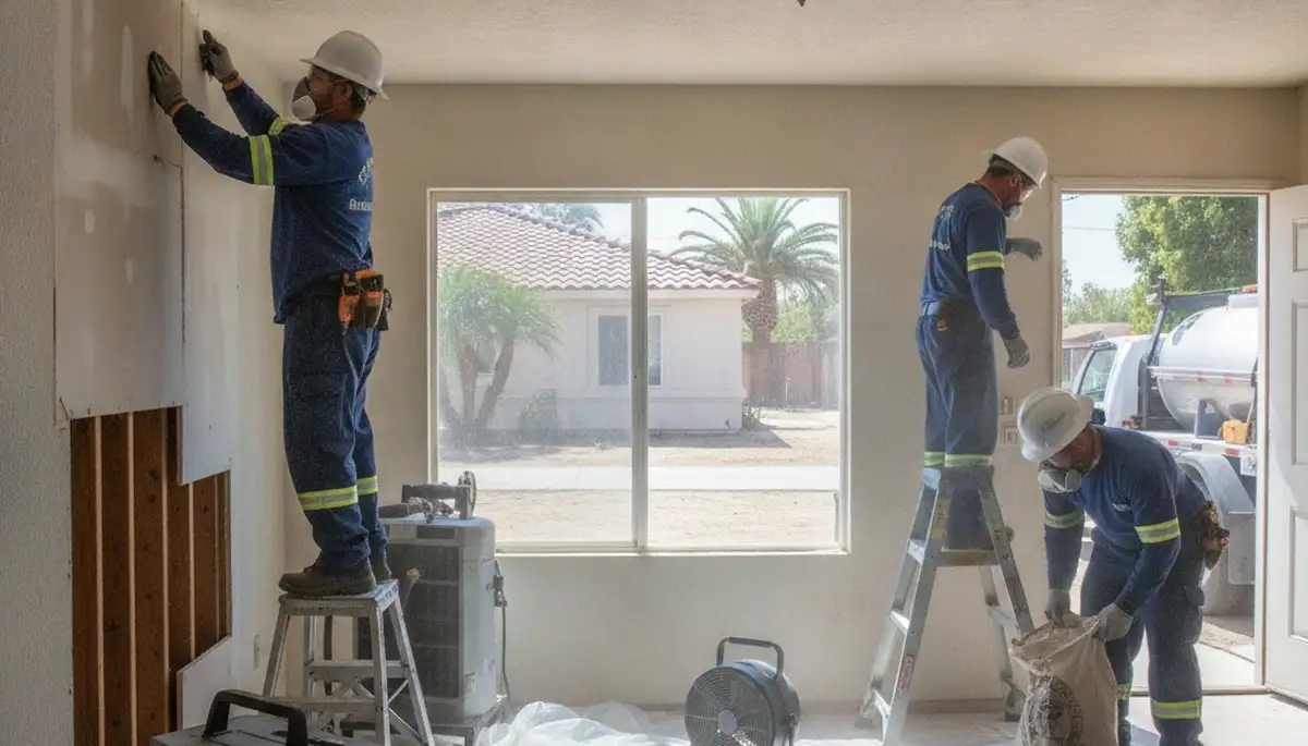 Water damage restoration team in Bakersfield, CA repairing flooded property and drying interiors