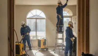 Water damage restoration crew in Bakersfield, CA inspecting and drying a damaged property