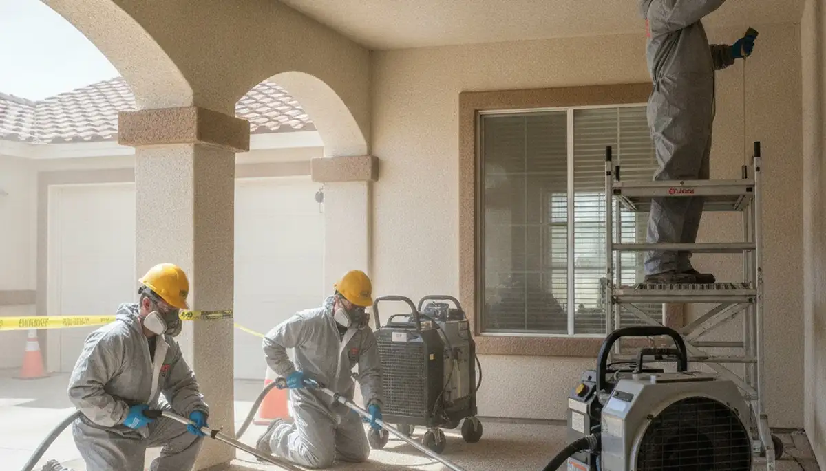 Water damage restoration team in Bakersfield, CA repairing water-damaged property after flooding