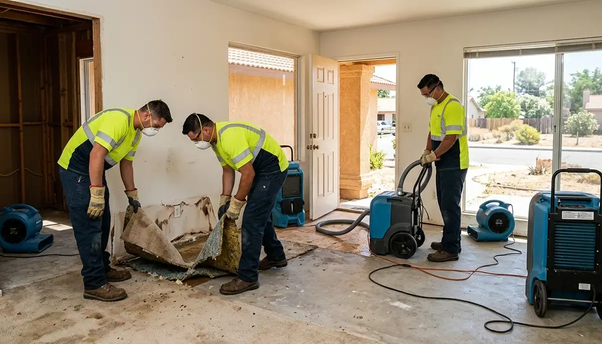 Water damage restoration team serving Bakersfield, CA with emergency cleanup equipment