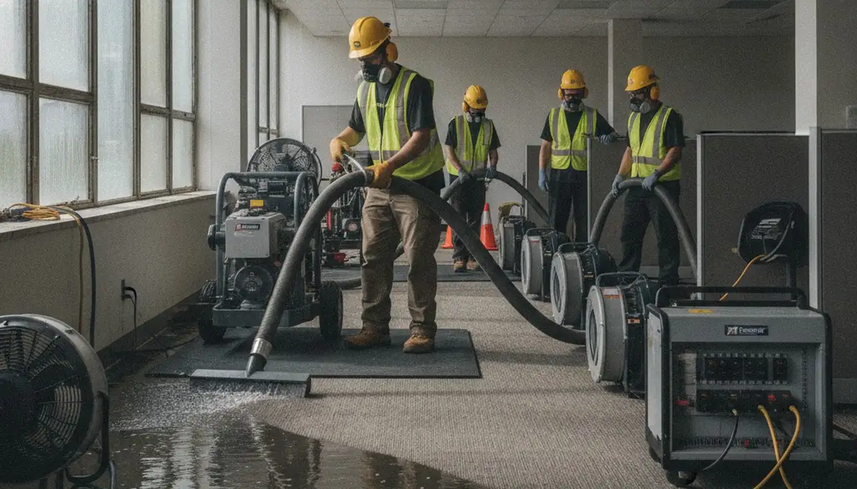Water extraction team removing standing water in Bakersfield, CA home after flood damage